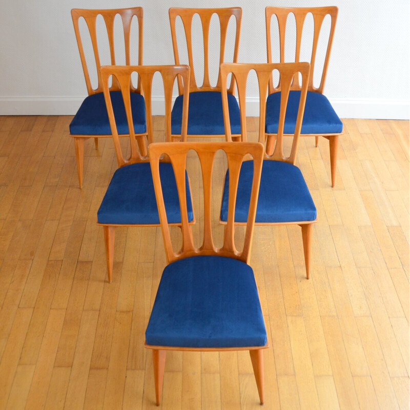 Conjunto de 6 cadeiras vintage Art Deco em cerejeira de Gaston Poisson, França 1950