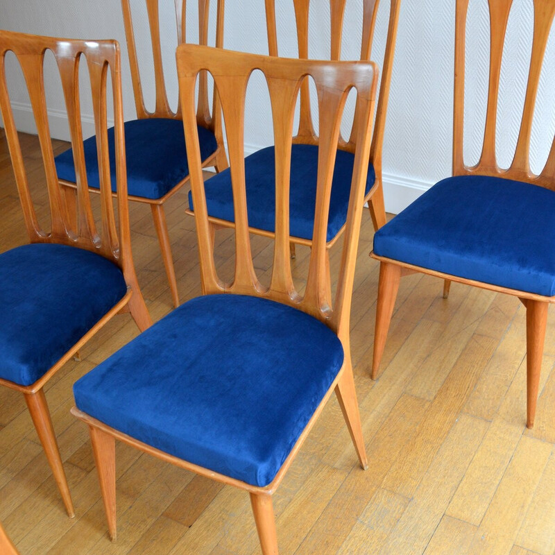 Conjunto de 6 cadeiras vintage Art Deco em cerejeira de Gaston Poisson, França 1950