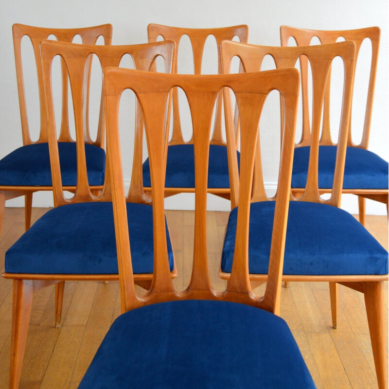 Set van 6 vintage Art Deco kersenhouten stoelen van Gaston Poisson, Frankrijk 1950