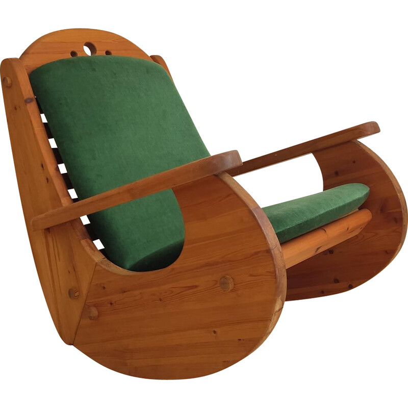 Chaise à bascule vintage en bois de pin et velours, 1970