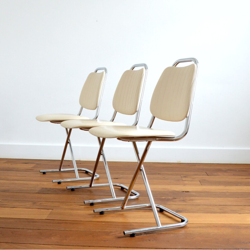 Conjunto de 3 cadeiras Rockabilly vintage em aço cromado, 1950