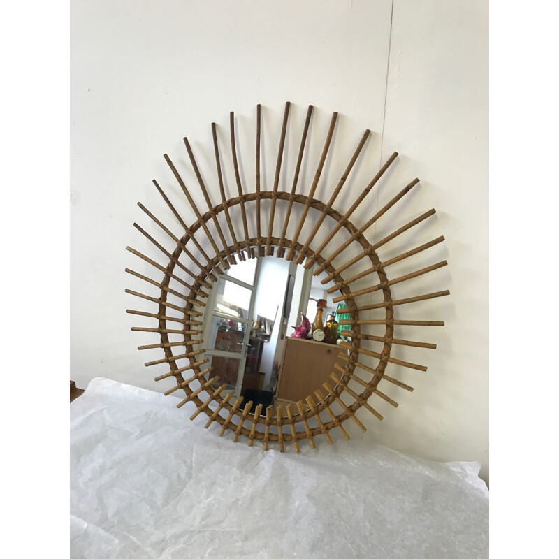 Vintage rattan sun mirror - 1970s