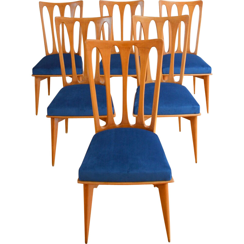 Set van 6 vintage Art Deco kersenhouten stoelen van Gaston Poisson, Frankrijk 1950