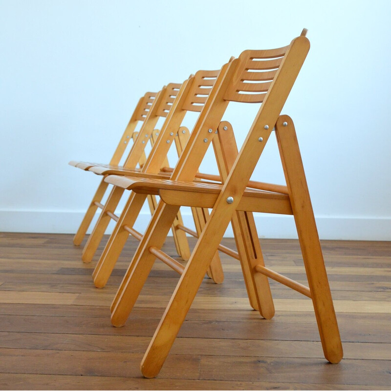 Juego de 4 sillas plegables de madera vintage, Países Bajos 1970