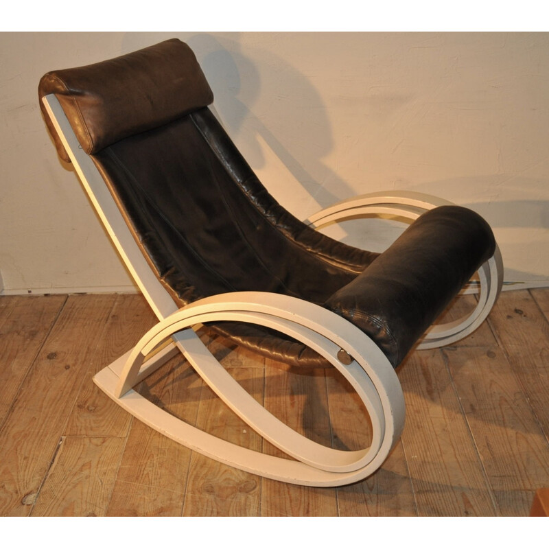 Wood and havana leather rocking chair Gae Aulenti - 1960s