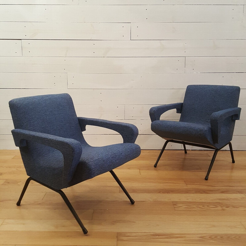 Pair of blue armchairs for Bois Doré - 1950s