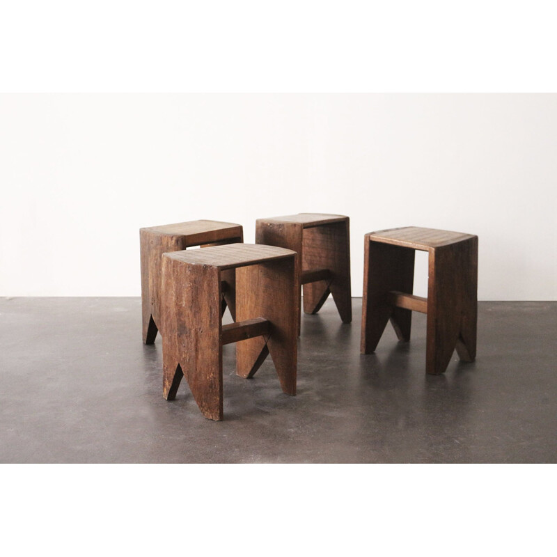 Set of 4 solid oak stools - 1960s