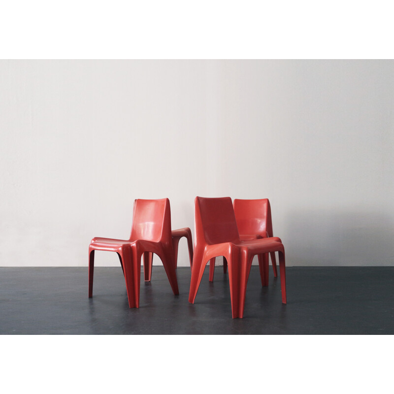 Set of 4 red one-piece chairs by Batzner - 1960s