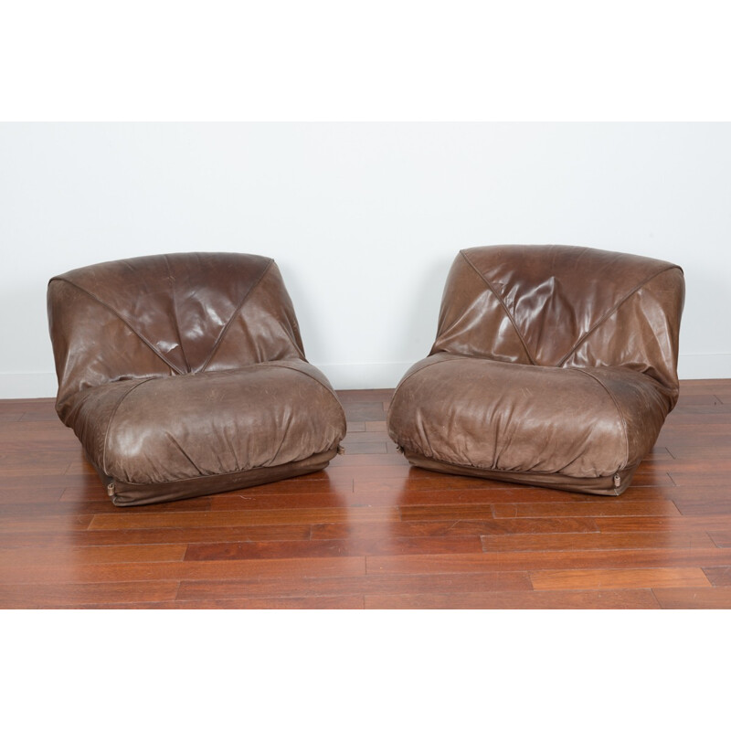 Pair of leather low chair by Michel Ducaroy, Ed Airborne - 1970s