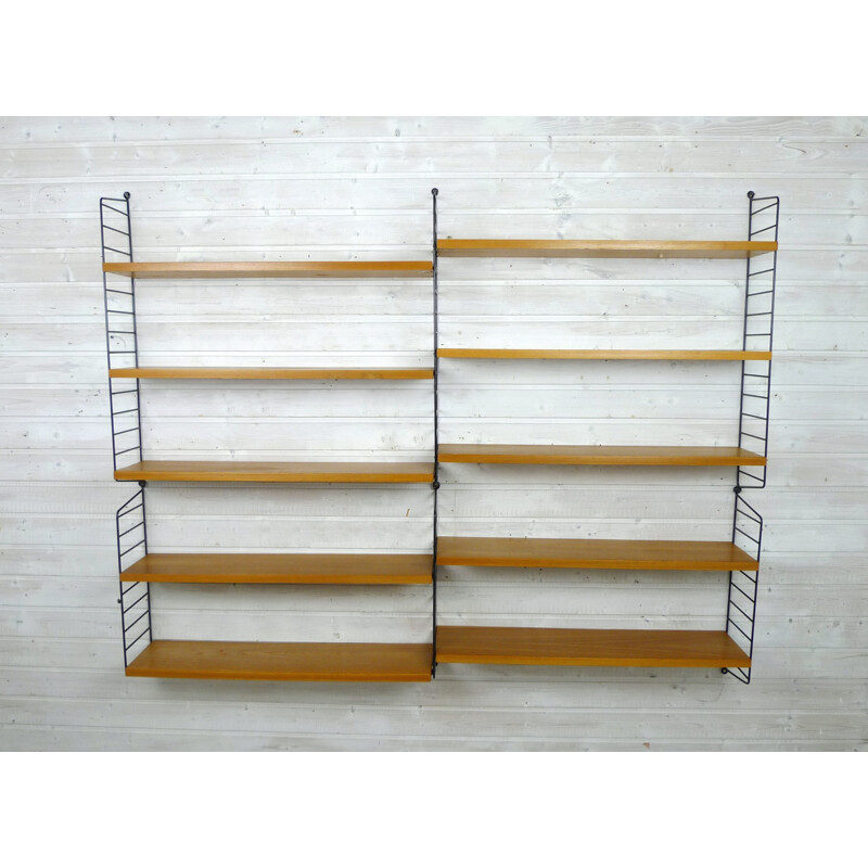 Ash Wall Shelving System with 10 shelves by Nisse Strinning String Design AB - 1960s