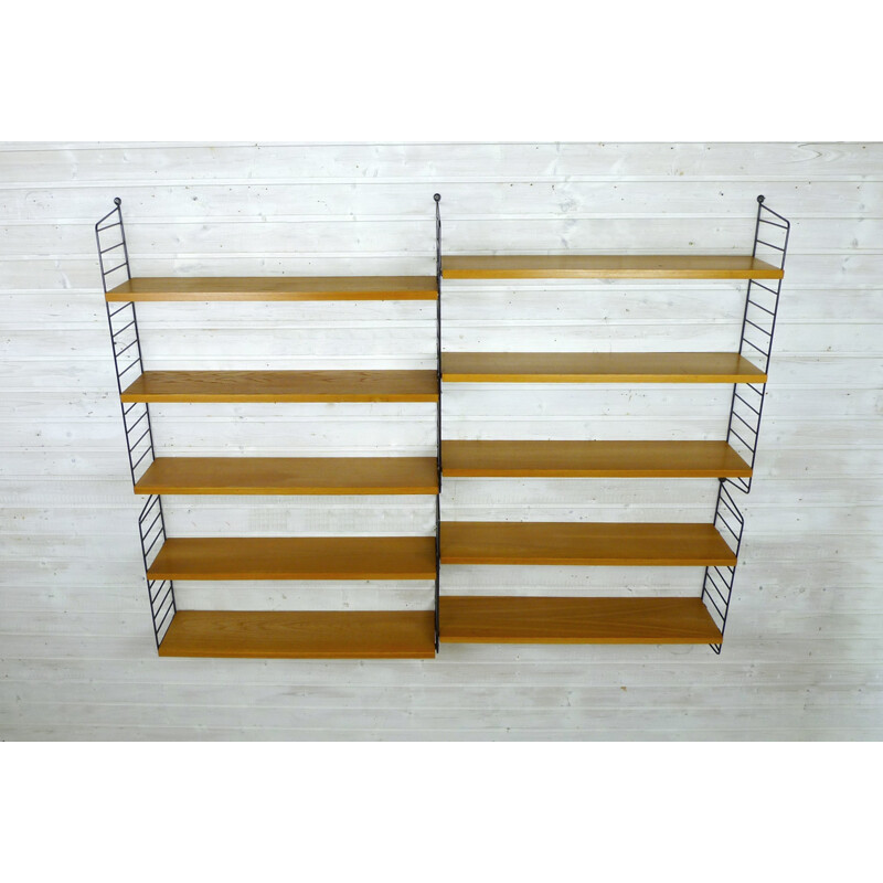 Ash Wall Shelving System with 10 shelves by Nisse Strinning String Design AB - 1960s