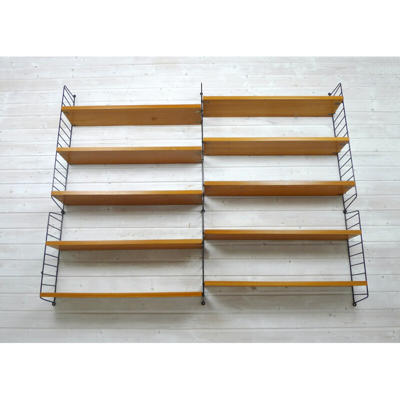 Ash Wall Shelving System with 10 shelves by Nisse Strinning String Design AB - 1960s