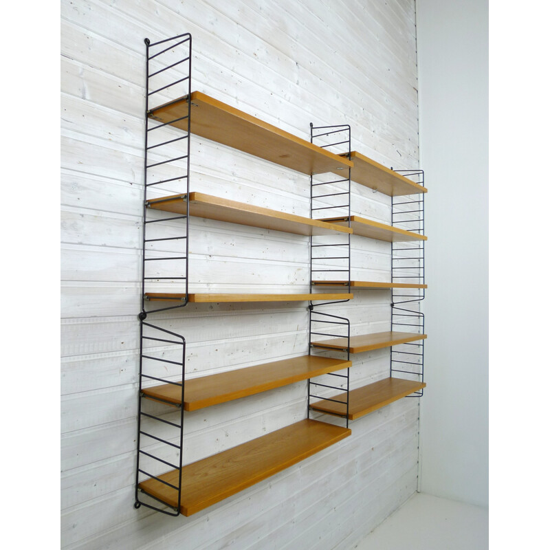 Ash Wall Shelving System with 10 shelves by Nisse Strinning String Design AB - 1960s