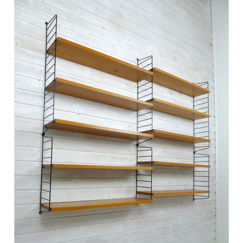 Ash Wall Shelving System with 10 shelves by Nisse Strinning String Design AB - 1960s