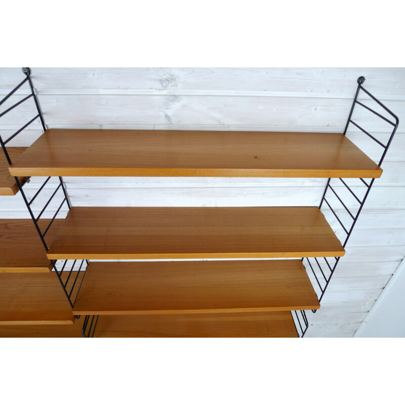 Ash Wall Shelving System with 10 shelves by Nisse Strinning String Design AB - 1960s