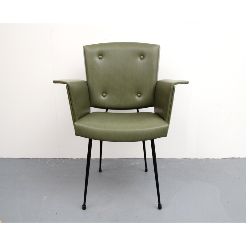 Leatherette armchair in olive-green - 1950s