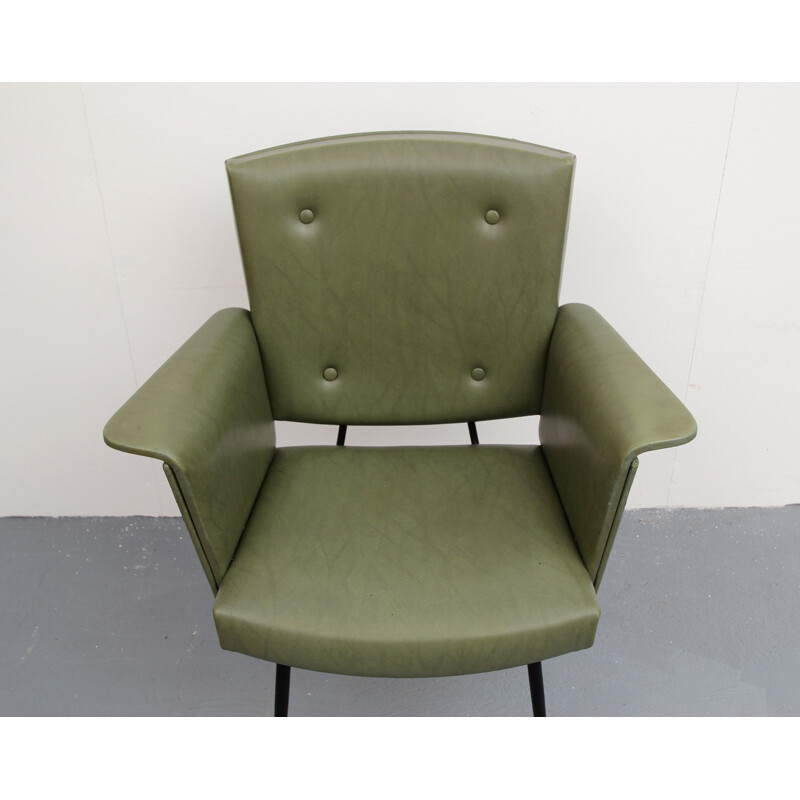 Leatherette armchair in olive-green - 1950s