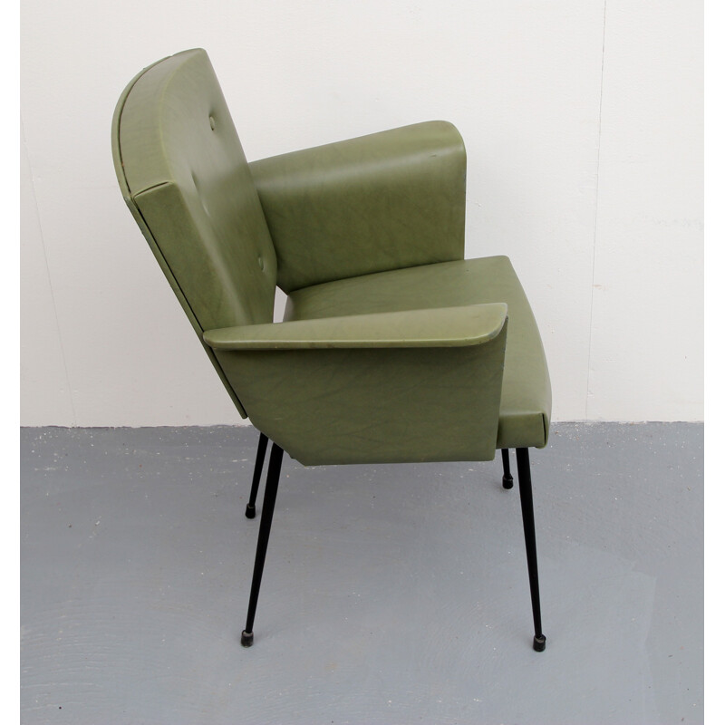 Leatherette armchair in olive-green - 1950s