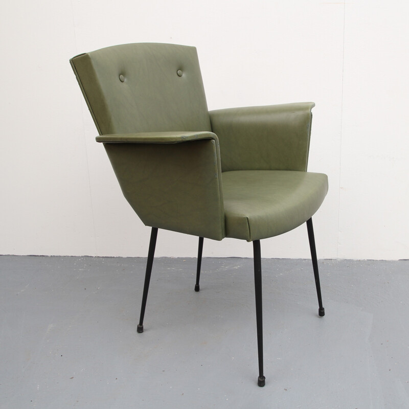 Leatherette armchair in olive-green - 1950s