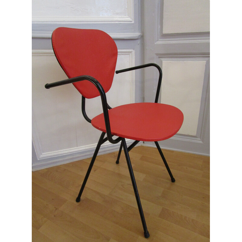 Leatherette and metal chair with armrests - 1950s