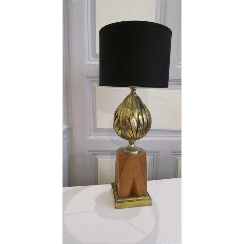 Flower floor lamp in brass with wooden base - 1970s