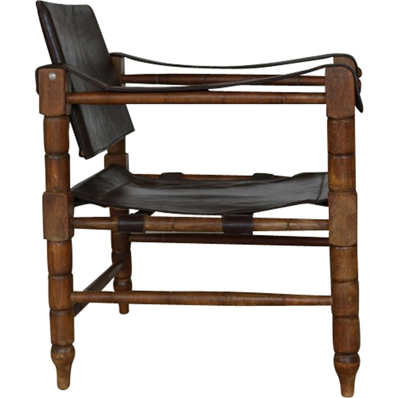 Ensemble de 4 fauteuils Safari marron en cuir - 1960