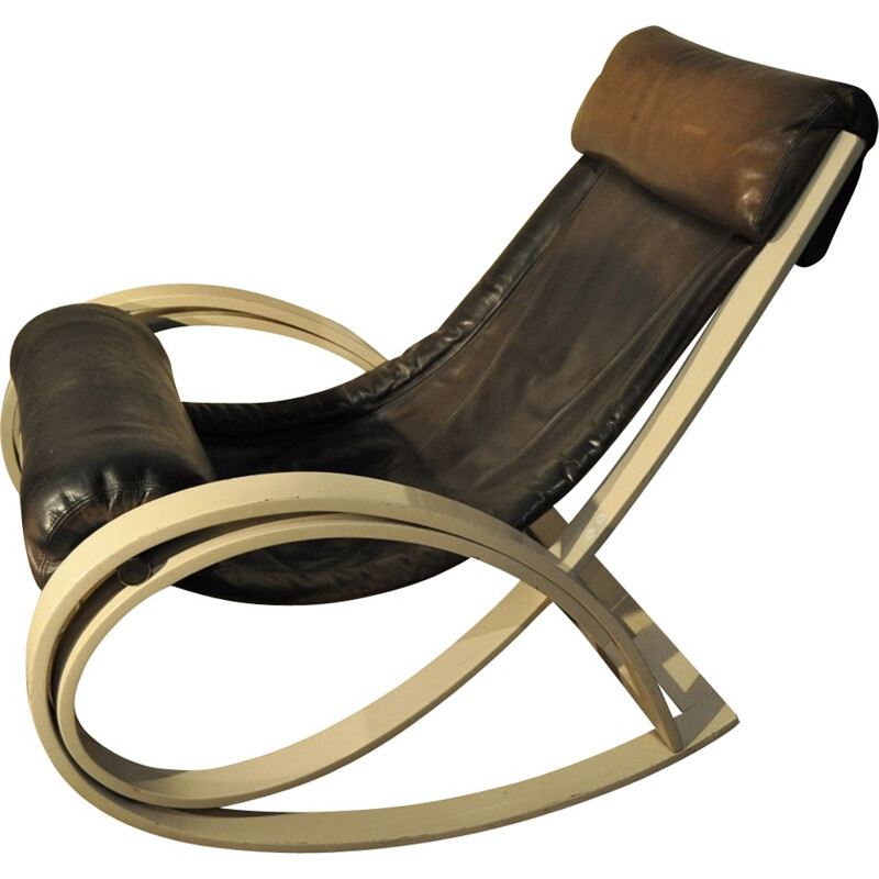 Wood and havana leather rocking chair Gae Aulenti - 1960s