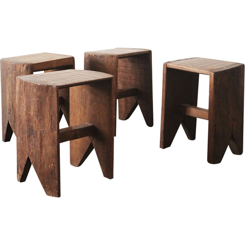 Set of 4 solid oak stools - 1960s