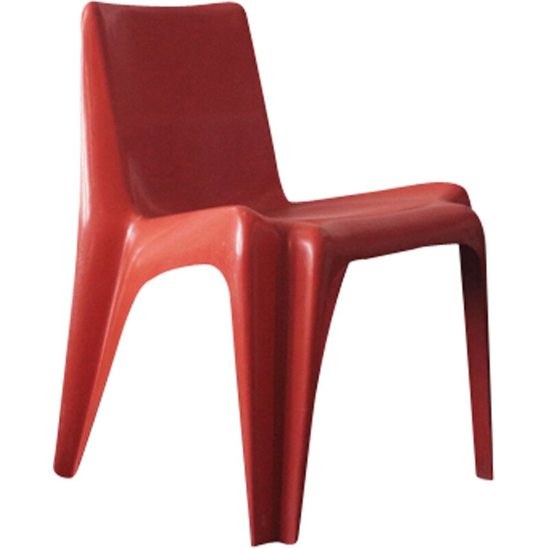 Set of 4 red one-piece chairs by Batzner - 1960s