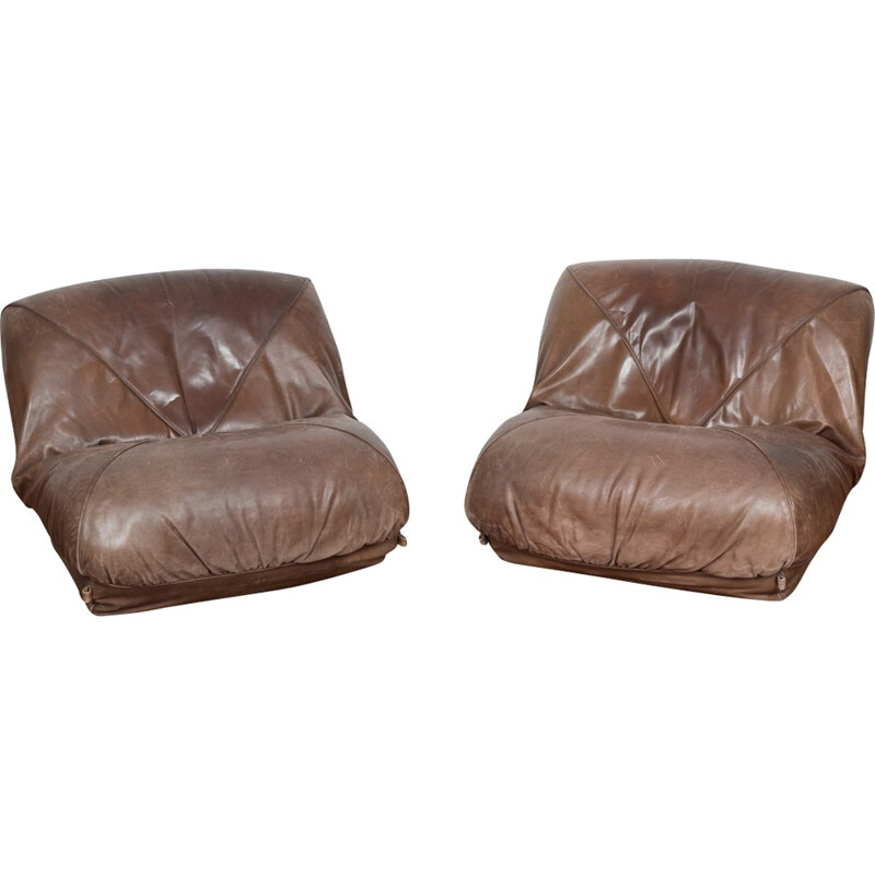 Pair of leather low chair by Michel Ducaroy, Ed Airborne - 1970s