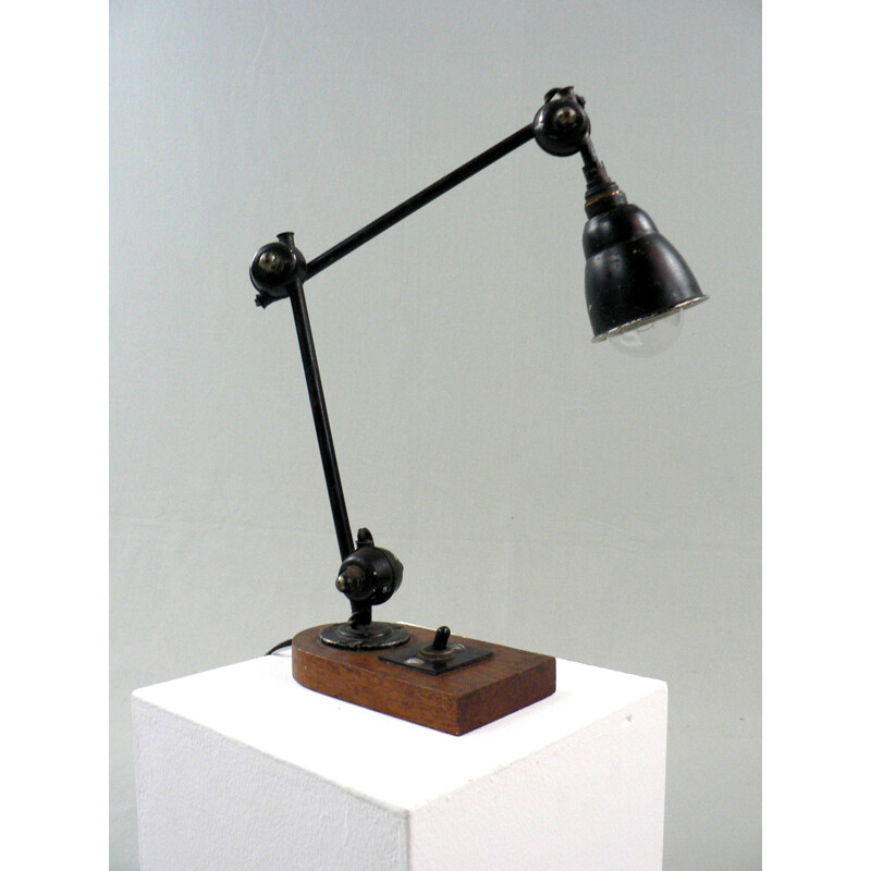 Lampe d'atelier en métal sur socle en chêne - 1950