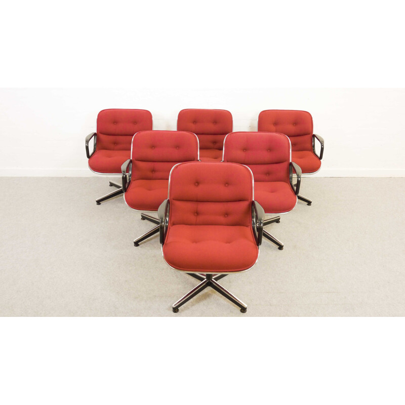 Set 6 red swivel chairs by Charles Pollock for Knoll International - 1960s