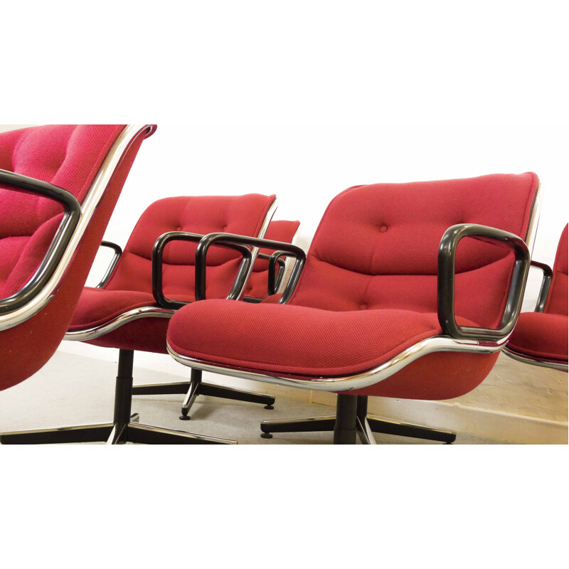 Set 6 red swivel chairs by Charles Pollock for Knoll International - 1960s