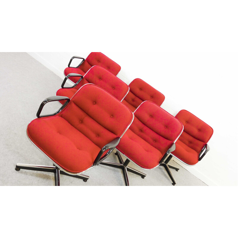 Set 6 red swivel chairs by Charles Pollock for Knoll International - 1960s