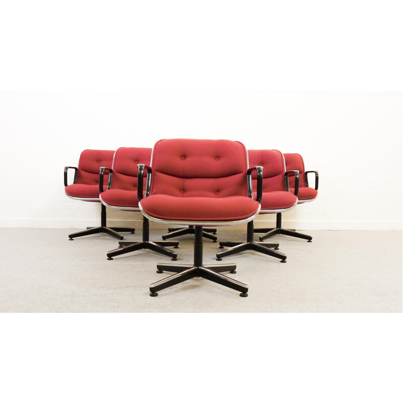 Set 6 red swivel chairs by Charles Pollock for Knoll International - 1960s