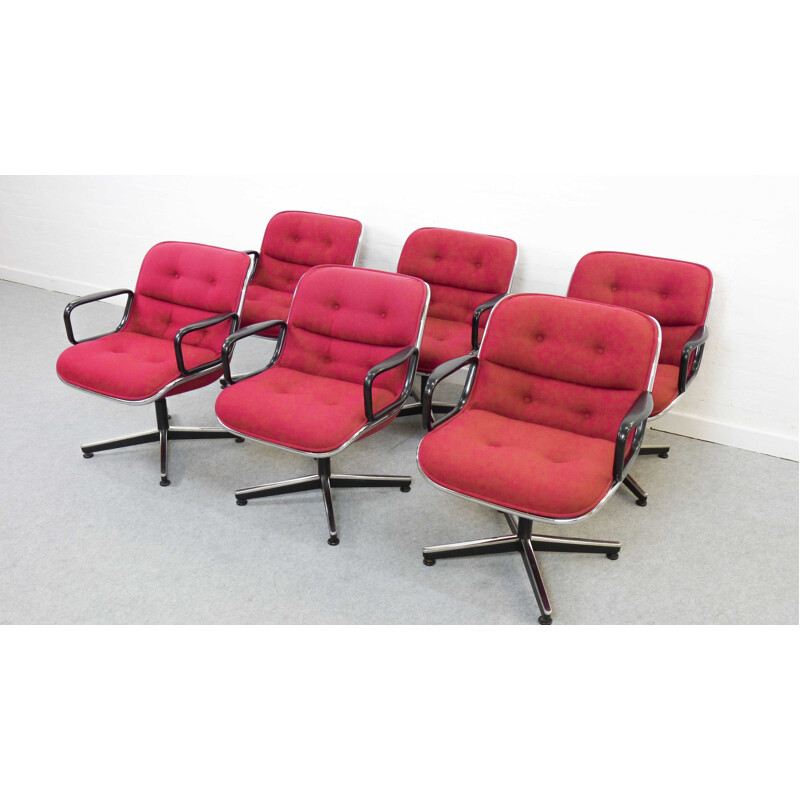 Set 6 red swivel chairs by Charles Pollock for Knoll International - 1960s