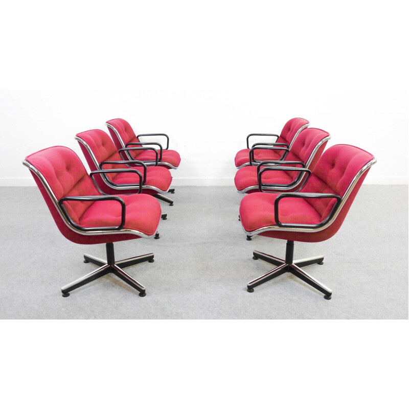 Set 6 red swivel chairs by Charles Pollock for Knoll International - 1960s