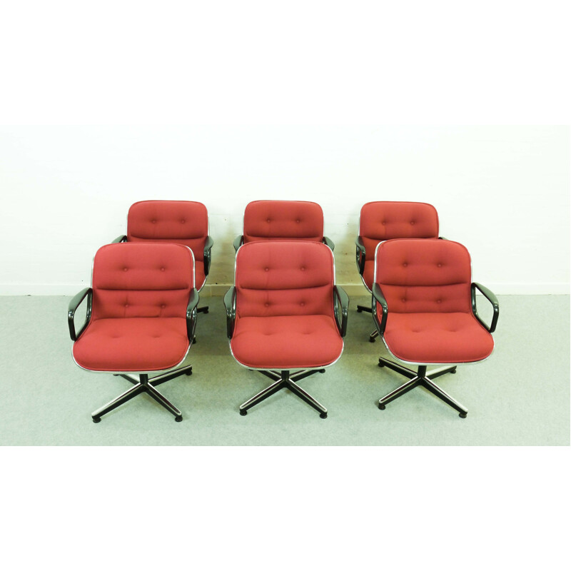 Set 6 red swivel chairs by Charles Pollock for Knoll International - 1960s