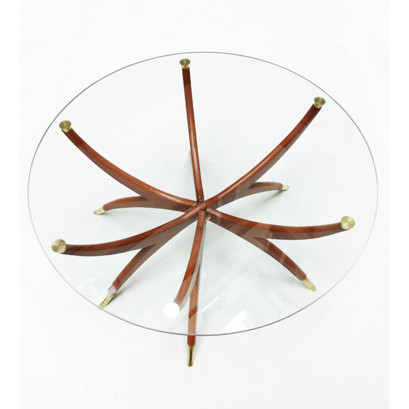 Spider brown coffee table in teak and glass - 1960s