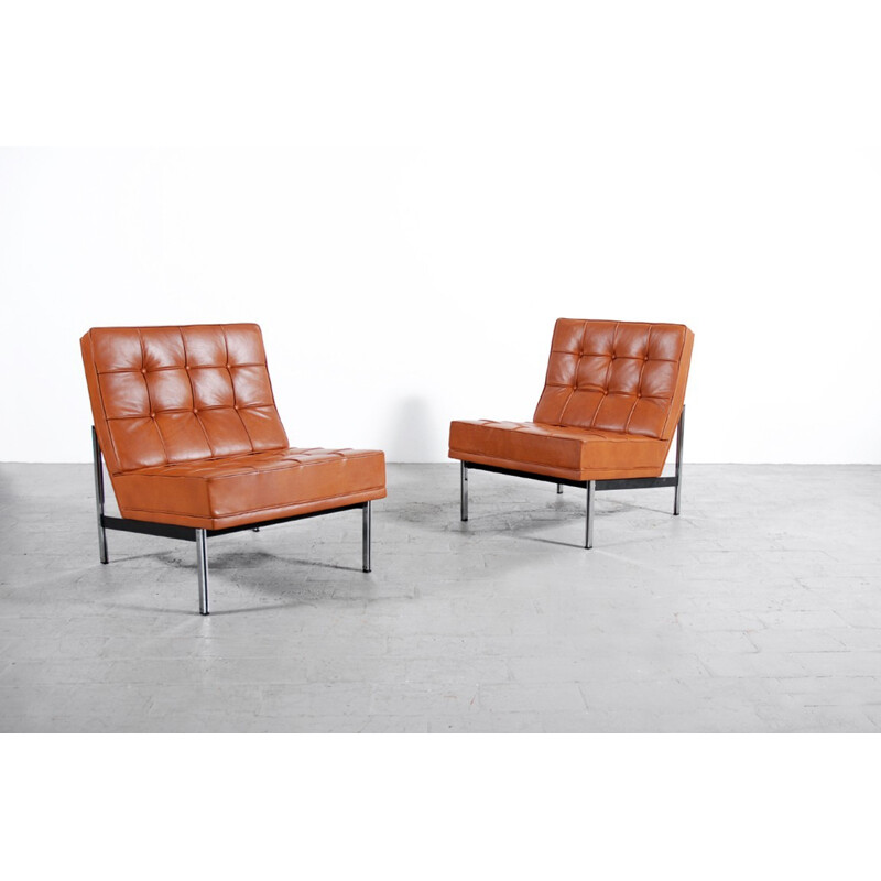 Pair of "Parallel Bar" low chairs in brown leather, Florence KNOLL - 1960s
