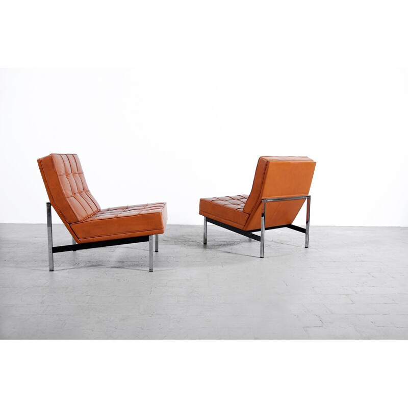 Pair of "Parallel Bar" low chairs in brown leather, Florence KNOLL - 1960s