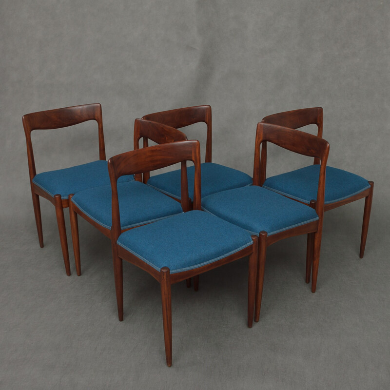 Set of 6 blue chairs in teak and wool by Arne Vodder for Vamo - 1960s