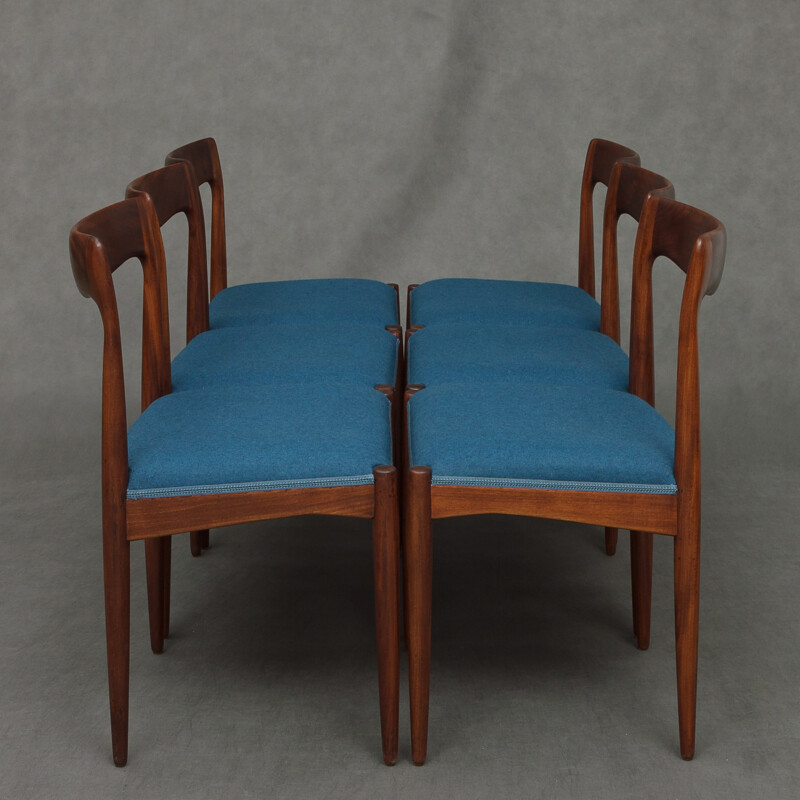 Set of 6 blue chairs in teak and wool by Arne Vodder for Vamo - 1960s