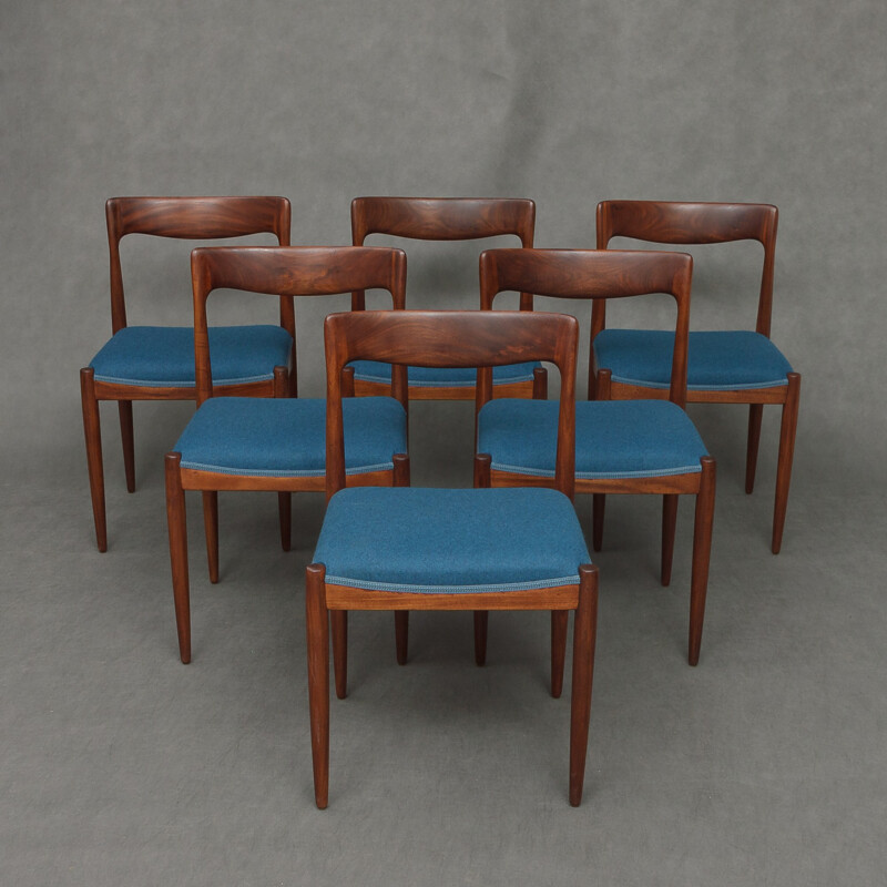 Set of 6 blue chairs in teak and wool by Arne Vodder for Vamo - 1960s