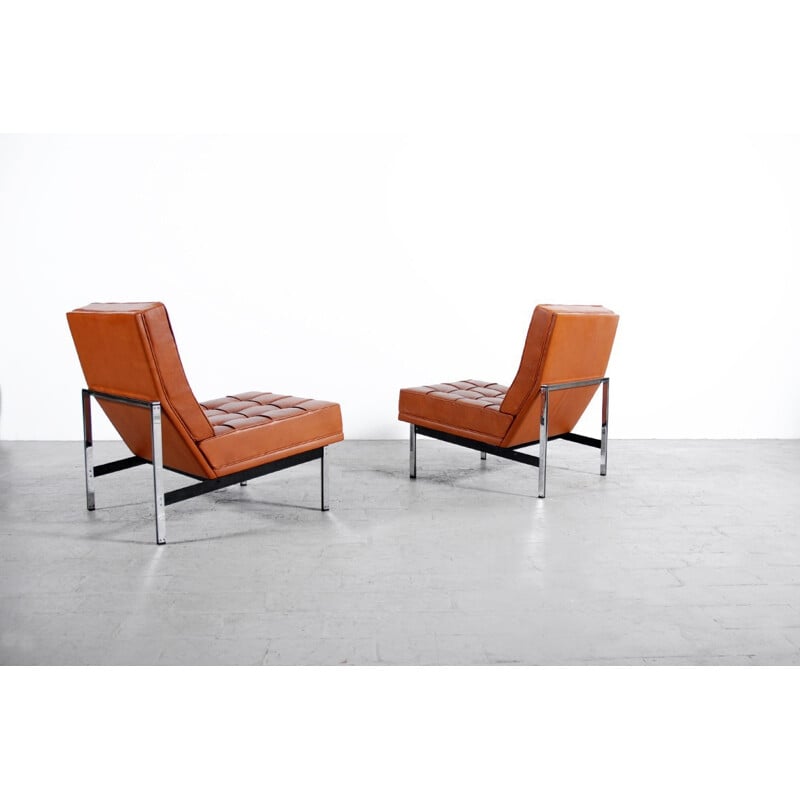 Pair of "Parallel Bar" low chairs in brown leather, Florence KNOLL - 1960s