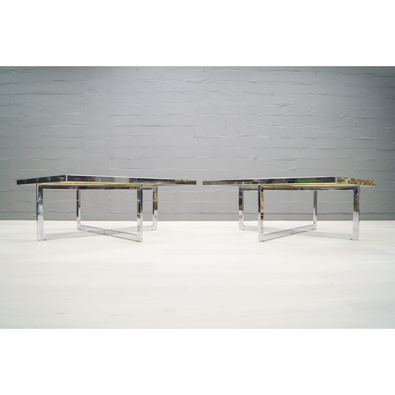 Set of 2 bicolor coffee tables in chromium and brass produced by Maison Charles - 1970s