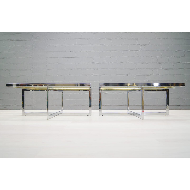 Set of 2 bicolor coffee tables in chromium and brass produced by Maison Charles - 1970s