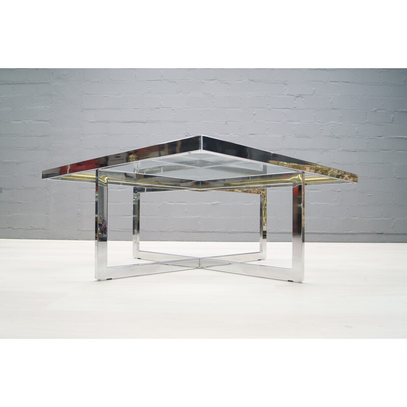 Set of 2 bicolor coffee tables in chromium and brass produced by Maison Charles - 1970s