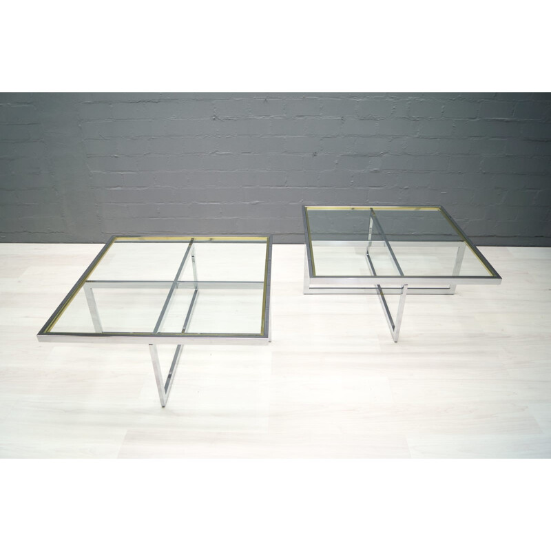 Set of 2 bicolor coffee tables in chromium and brass produced by Maison Charles - 1970s