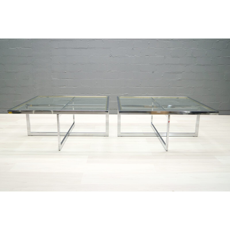 Set of 2 bicolor coffee tables in chromium and brass produced by Maison Charles - 1970s